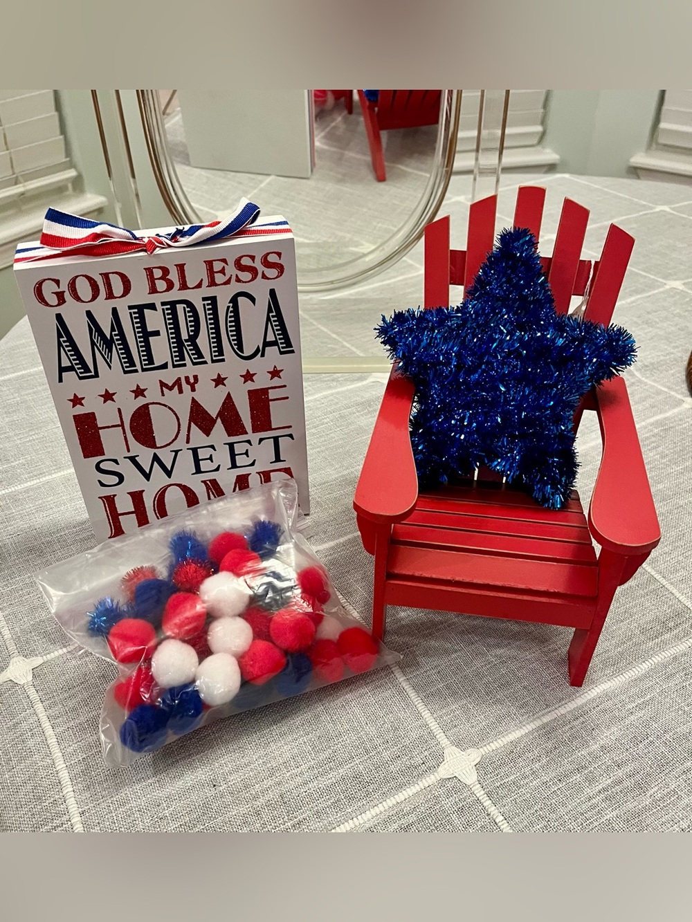 Paired Patriotic Decor - Red Miniature Chair with Blue Star Decoration + Signage